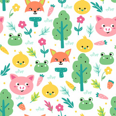 Obraz na płótnie Canvas Seamless pattern with cute cartoon animal and plant for fabric print, textile, gift wrapping paper. colorful vector for textile, flat style