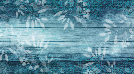 Hand drawn grass on old blue wood background with structure and light and shadow effects with space for your own design.

