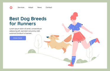 Girl runs with the dog in the park. Active life of the owner and pet. Fitness and outdoor workout. Vector flat illustration.