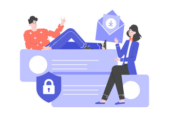 A man and a woman are sitting on speech bubbles. Safe online messaging, protection of attached files from viruses and hacker threats. Cybersecurity in chats. Vector flat illustration.