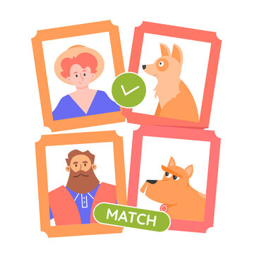 Dogs are similar to their owners. Photos of people and their furry friends. Choosing a pet. Vector flat illustration.