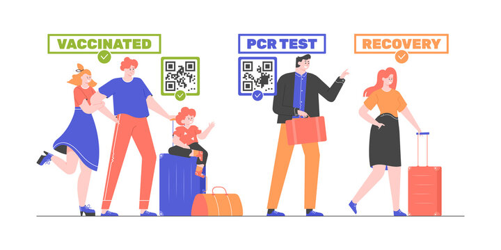 Queue of people with luggage. Traveling during a pandemic. A young girl has antibodies after an illness, a businessman did a PCR test, and the family got a vaccine. Vector flat illustration.