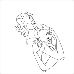 Couple Lovers Line art Drawing. Love surreal concept. Minimal modern Print. St Valentines Day illustration. 