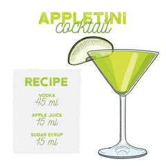 Hand Drawn Colorful Appletini Summer Cocktail. Drink with Ingredients