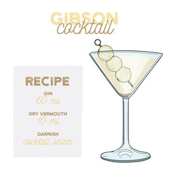 Hand Drawn Colorful Gibson Summer Cocktail. Drink with Ingredients