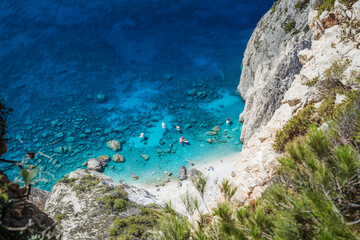 Pleasure boats anchored at Mizithres cliff rock in Zakynthos Ionian island, Greece