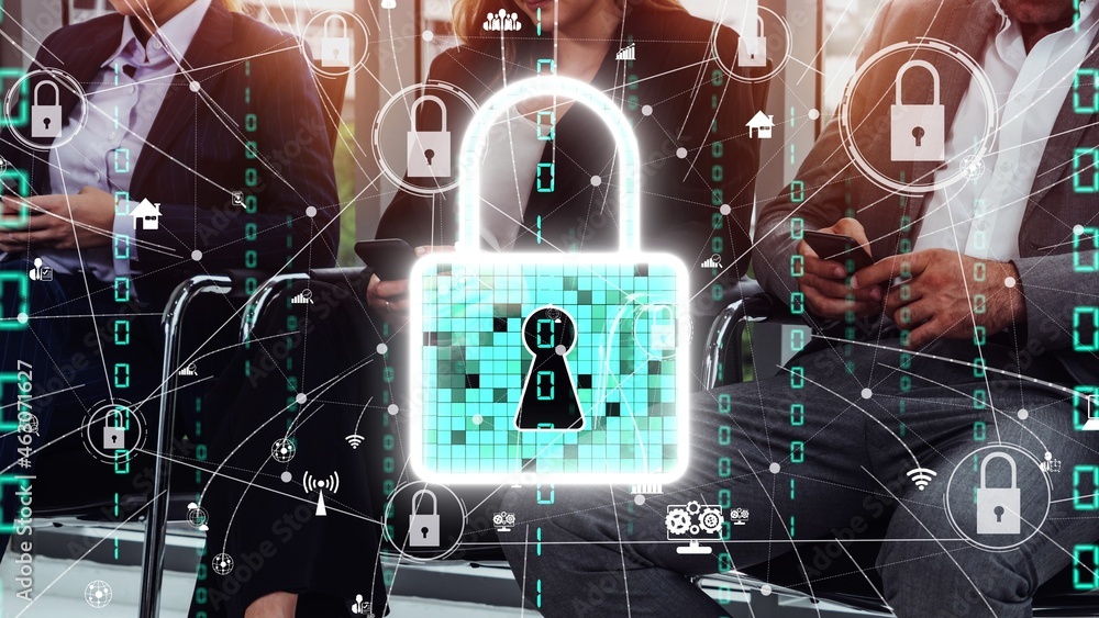 Poster cyber security and digital data protection conceptual . graphic interface showing secure firewall te