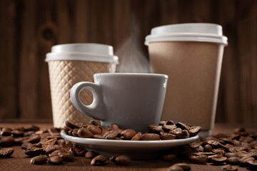 Hot Fresh Brewed Flavored Coffee. Steaming Coffee Cup And Papercups. On Vintage Wooden Background With Coffee Beans.