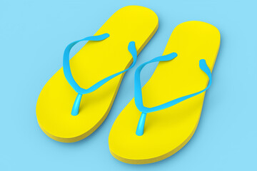 Beach yellow flip-flops or sandals isolated on blue background.