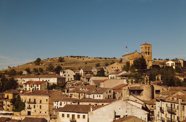 Fototapeta na wymiar Panorama of small town, Sepulveda, in Spain, against blue sky
