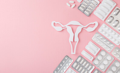 Concept banner of Gynecology, woman health, place for text. Vaginal suppositories, tablets on pink background. Treatment of vaginal infections from candidiasis, thrush, sexually transmitted infections