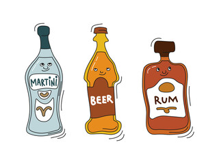 Martini, beer and rum with smile on white background. Cartoon sketch graphic design. Doodle style with black contour line. Cute hand drawn bottle. Party drinks concept. Freehand drawing style