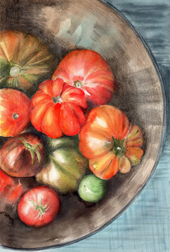 Still life, made with watercolors and crayons, depicting a clay bowl with red tomatoes on a gray-blue background