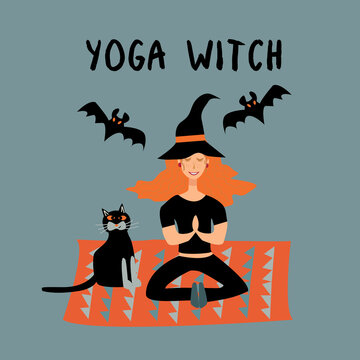 Halloween. Vector illustration of a girl who practices yoga at home with a cat in a witch costume. Holiday card for yoga lovers	