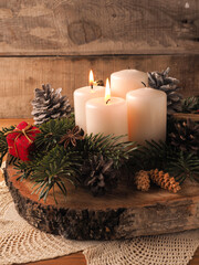 Second Advent candle burning, traditional Christmas decoration
