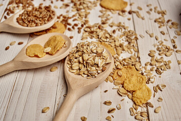 wooden tableware muesli morning snack view from above