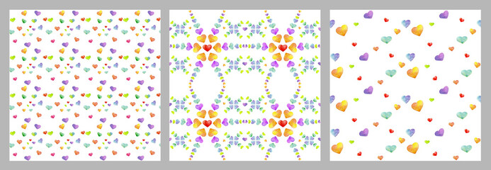watercolor pattern of colored hearts for wrapping paper, cards, textiles