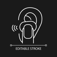 In ear wireless earpieces white linear icon for dark theme. Small portable device for sport. Thin line customizable illustration. Isolated vector contour symbol for night mode. Editable stroke