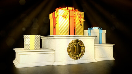 winners award podium with giftboxes on lighting backdrop - object 3D illustration