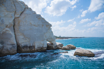 Mediterranean sea, white chalk rocks and some beaches captured from Rosh HaniKra formation in Israel. High quality photo