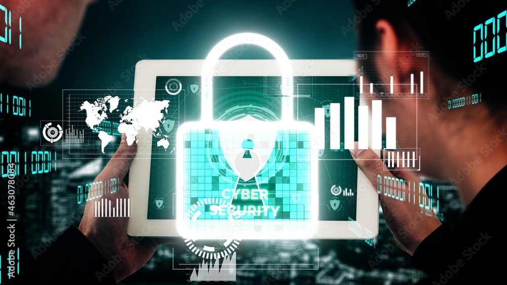 Poster cyber security encryption technology to protect data privacy conceptual . 3d render computer graphic