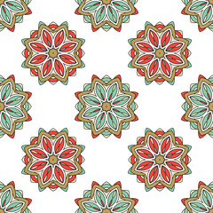 Abstract seamless flower backdrop. Design for prints, textile, decor, fabric. Round colorful texture in green, red, brown and white colors. Mandala background