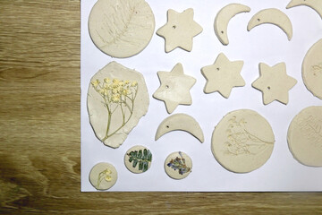 Making decorations with air dry clay. Flat lay.