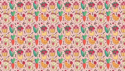 Happy Easter holiday doodle line art. Rabbit, bunny, cupcake, cake, chicken, hen, flower, carrot. Pattern, texture, background, banner. Packaging design.