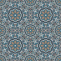 Vector seamless background. Round texture. Endless hand-drawn colorful pattern. Use for wallpaper, textile, book cover, clothes. Make in blue, white and brown colors