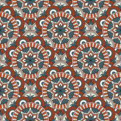 Abstract seamless mandala background. Texture in blue and orange colors. Oriental pattern for design, fashion print, scrapbooking