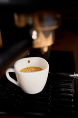 Detail of a professional coffe maker dripping coffe into an empty cup in a cafeteria, Machine is making a perfect coffee with delicious smell, . Espresso Coffee Machine Making Espresso Coffee