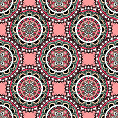 Abstract seamless backdrop. Round colorful texture in rose and turquoise colors. Mandala background. Oriental pattern for design