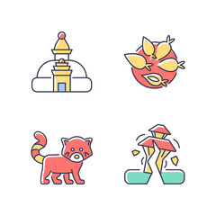 Tourism in Nepal RGB color icons set. Swayambhu stupa. Nepalese cuisine. Red panda. Earthquake risk. Monkey temple. Yomari dish. Isolated vector illustrations. Simple filled line drawings collection