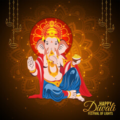Happy diwali celebration greeting card with vector illustration of lord ganesha and goddess lakshami