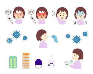 インフルエンザウイルス感染症の症状と治療薬のイラストセット