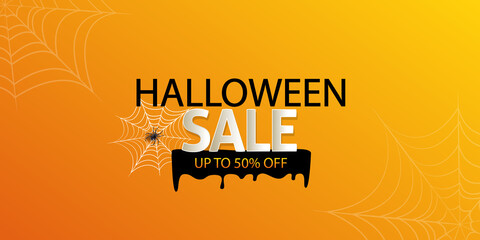 Halloween sale banner with spider web. Vector illustration for greeting card, gift card, post, sale promotion or party invitation. Orange background with title. Inscription Halloween Sale. Discount