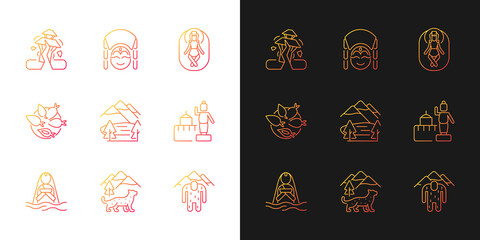 Culture of Nepal gradient icons set for dark and light mode. Trekking destination. Earthquake. Thin line contour symbols bundle. Isolated vector outline illustrations collection on black and white