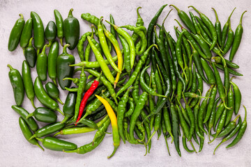 One red ripe chili among plenty of unripe green chilies. Misfit concept.