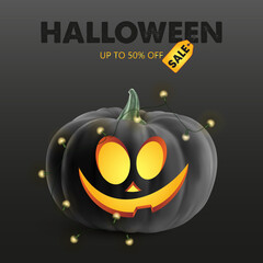Funny realistic pumpkin with cartoon smile face, isolated on black background. Halloween sale. Vector illustration. Vector illustration