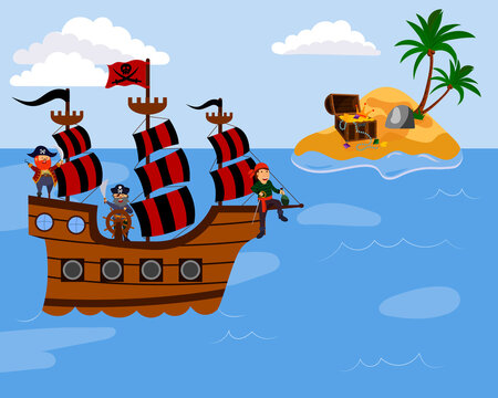 cartoon vector illustration of pirates sailing on a ship to an island, isolated on a white background.