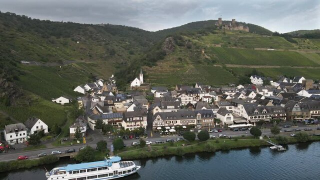 Aerial drone clip over Alken, under Thurant Castle - Mosel River - Germany