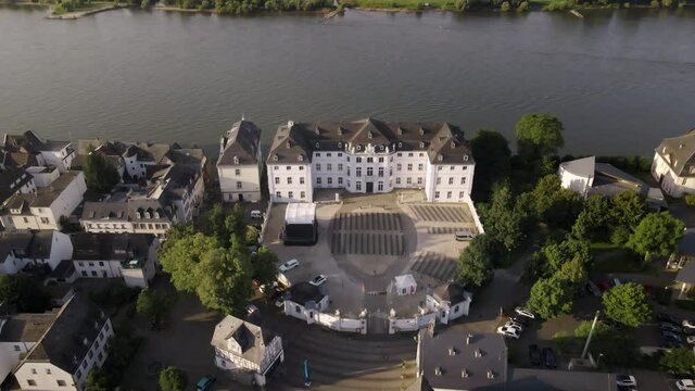 Aerial drone clip of Riverfront castle on Engers town - Neuwied - Rhine, Germany