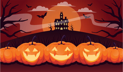Halloween pumpkins, spooky trees and haunted house with moonlight on dark background vector illustration