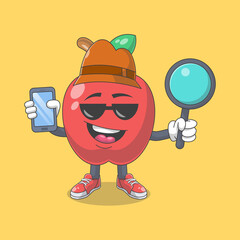 Cute Happy Red Apple Detective Cartoon Vector Illustration. Fruit Mascot Character Concept Isolated Premium Vector