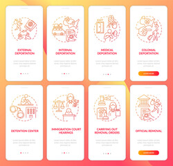 Deportation red onboarding mobile app page screen set. Official processing walkthrough 4 steps graphic instructions with concepts. UI, UX, GUI vector template with linear color illustrations