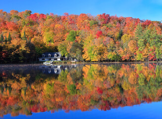 Autumn leaf color reflected on the lake in Mont Tremblant area, Quebec, Canad