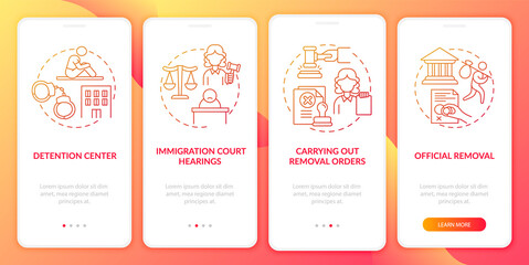 Deportation process red onboarding mobile app page screen. Official removal walkthrough 4 steps graphic instructions with concepts. UI, UX, GUI vector template with linear color illustrations