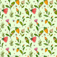 Art Marker floral seamless background. Delicate flower wallpaper. Wildflowers pink and orange. Delicate summer pattern with butterflyes and bees.