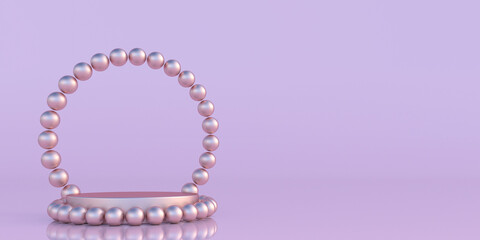 3D rose gold round minimal podium with pearl arch on pastel pink background. Minimal stand for cosmetic presentation. Template for web banner