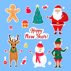 Traditional Christmas and New Year's cartoon characters and objects for creating invitations, cards, posters for celebration. set of stickers